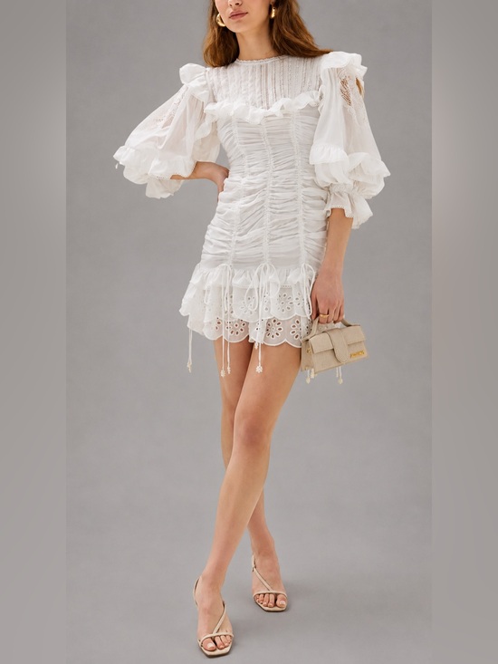 FARM Rio Dresses & Skirts - Farm Rio 100% Cotton White Laced Short Sleeve Mini Dress Ruched S Ruffle Eyelet